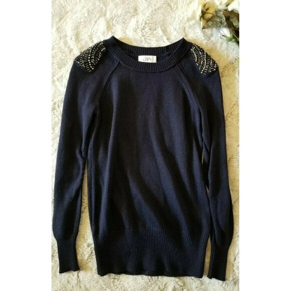 Loft Wool Blend Navy Blue Decorated Sequin Shoulder Sweater Size XS - Picture 1 of 8
